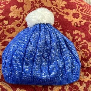 Gymboree blue metallic beanie snow hat toboggan with white Pom Pom puff M